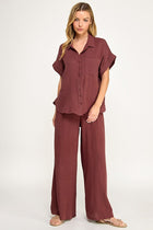 Gauze Half Sleeve Button Down Top - Chocolate