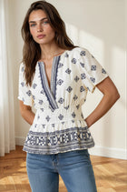 Border Print Smocked Waist Top - Navy