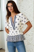 Border Print Smocked Waist Top