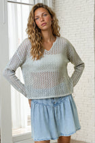 Open Knit Notch Neck Sweater - Grey