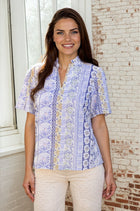 Floral Stripe Ruffle V-Neck Blouse - Purple