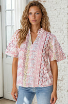 Floral Stripe Ruffle V-Neck Blouse