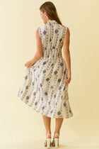 Botanical Printed Smocked Waist Zip Front Midi Dress