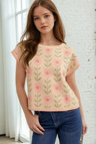 Floral Boat Neck Short Sleeve Sweater