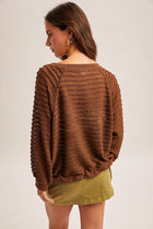 Textured Boatneck Raglan Sleeve Top - Brown