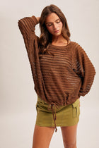 Textured Boatneck Raglan Sleeve Top - Brown