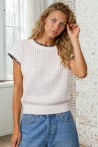 Contrast Trim Short Sleeve Sweater - Cream