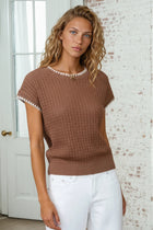 Contrast Trim Short Sleeve Sweater - Chocolate Brown