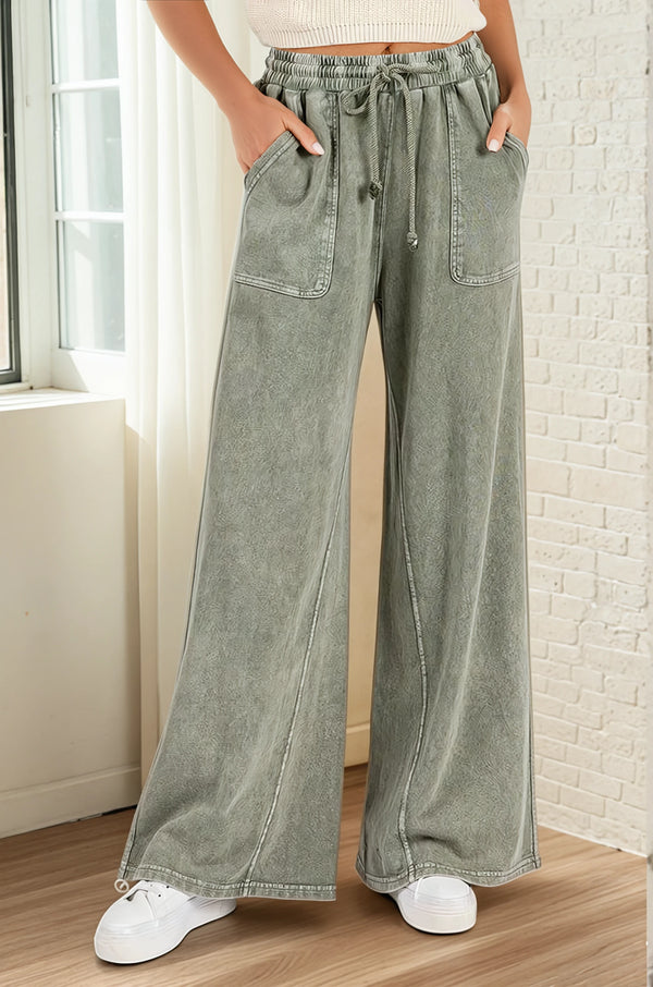 Wide Leg Terry Pants - Olive