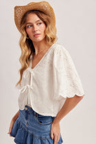 Embroidered Ribbon Tie Front Eyelet Top