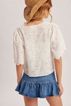 Embroidered Ribbon Tie Front Eyelet Top