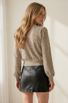 Striped Knit Button Front Blouson Top - Oat