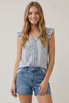 Floral Print Ruffle Cap Sleeve Top - Blue