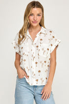 Embroidered Palm Tree Short Sleeve Top