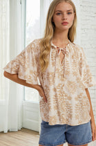 Boho Print Flutter Sleeve Blouse - Olive