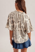 Boho Print Flutter Sleeve Blouse - Black