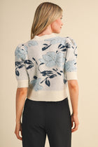 Floral Knit Short Puff Sleeve Cardigan - Ivory/Blue
