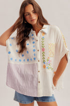 Mixed Embroidery Textured Short Sleeve Button Down Top