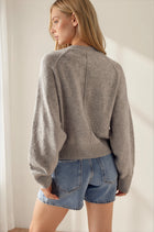 Lace Textured Sleeve Henley Knit Sweater - Grey