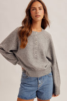 Lace Textured Sleeve Henley Knit Sweater - Grey