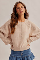 Lace Textured Sleeve Henley Knit Sweater - Blush