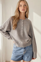 Lace Textured Sleeve Henley Knit Sweater - Grey