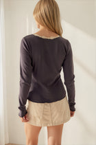 Lace Detail Scoop Neck Long Sleeve Top - Ash
