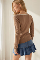 Lace Detail Scoop Neck Long Sleeve Top - Dusty Olive