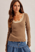 Lace Detail Scoop Neck Long Sleeve Top - Dusty Olive