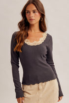 Lace Detail Scoop Neck Long Sleeve Top - Ash