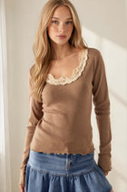 Lace Detail Scoop Neck Long Sleeve Top - Dusty Olive