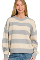 Striped Drop Shoulder Sweater - Light Grey