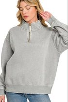 Gold Zip Front Acid Wash Sweatshirt - Sleet Grey