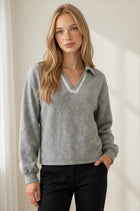 Blanket Stitch Collared Long Sleeve Top