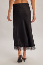 Lace Hem Satin Midi Skirt - Black