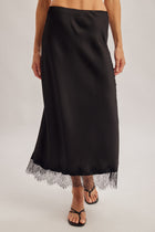 Lace Hem Satin Midi Skirt - Black
