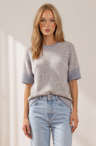 Ribbed Trim Short Sleeve Sweater
