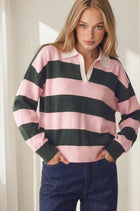 Striped V-Neck Collared Sweater
