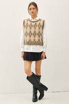 Layered Argyle Sweater Vest Button Down Top