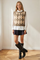 Layered Argyle Sweater Vest Button Down Top