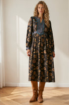 Floral Print Contrast Velvet Trim Midi Dress
