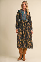Floral Print Contrast Velvet Trim Midi Dress