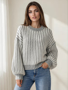 Ribbed Balloon Sleeve Sweater - Grey