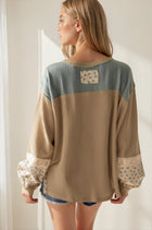 Waffle Knit Mix Print Long Sleeve Henley Top
