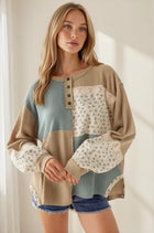 Waffle Knit Mix Print Long Sleeve Henley Top