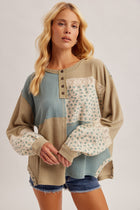 Waffle Knit Mix Print Long Sleeve Henley Top