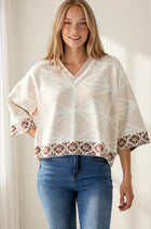 Mix Print V-Neck Short Sleeve Sweater