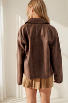 Faux Leather Zip Front Utility Jacket - Brown