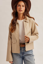 Faux Leather Zip Front Utility Jacket - Ecru