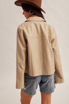Faux Leather Zip Front Utility Jacket - Ecru